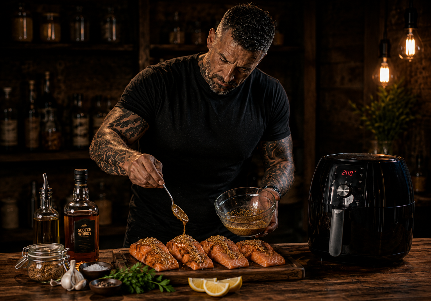 Air-Fryer Scottish Whisky Mustard Salmon Fillets preparation stage